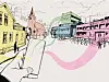 Illustrerad stadsgata med cyklar, kollektivtrafik, färgglada byggnader och ett kyrktorn i bakgrunden.